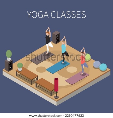 Alternative medicine isometric composition with editable text and view of three dancing girls with gym equipment vector illustration