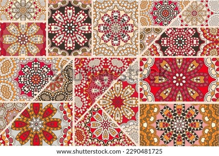 Vector patchwork quilt pattern. Vintage decorative collage. Hand drawn background. Indian, Arabic, Turkish motifs for printing on fabric or paper. Abstract colorful doodle pattern in mosaic style