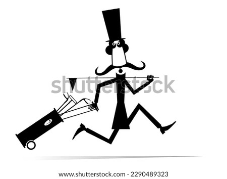 Cartoon man in the top hat running to play golf. Running long mustache gentleman in the top hat with a golf club and golf bag. Isolated on white background