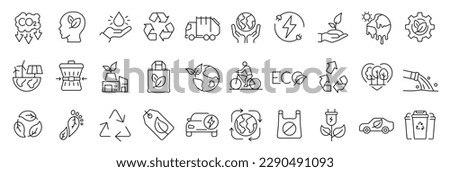 Set of 30 thin line icons related to sustainability, environmental, ecological, recyling, green, organic, industry. Linear ecology simple symbol collection.  vector illustration. Editable stroke Royalty-Free Stock Photo #2290491093