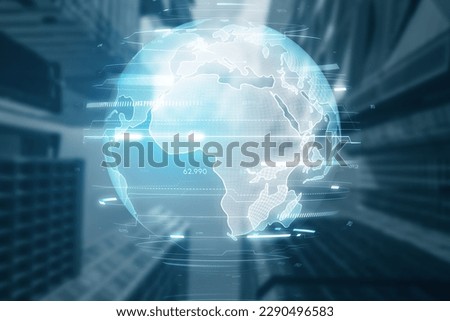 Glowing index globe hologram on blurry city background. Digital world and matrix concept. Double exposure
