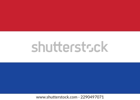 The National flag of the Netherlands, also known as the Dutch flag, is a tricolour flag consisting of three equal horizontal bands of bright colours: red, white, and blue. Flag Proportion Ratio 2:3 Royalty-Free Stock Photo #2290497071