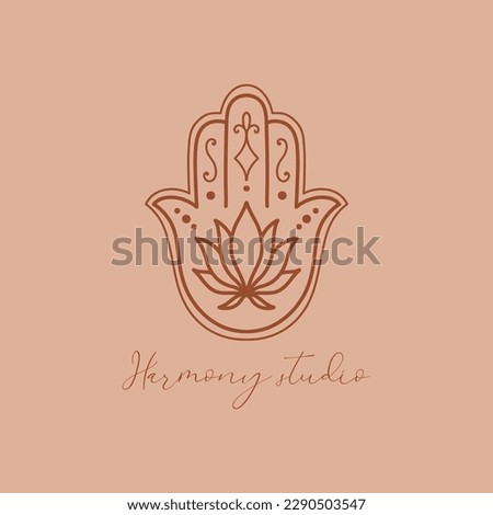 Logo hamsa for the studio of yoga and spiritual practices. Hamsa icon symbolizing protection and amulet. Vector illustration. Royalty-Free Stock Photo #2290503547