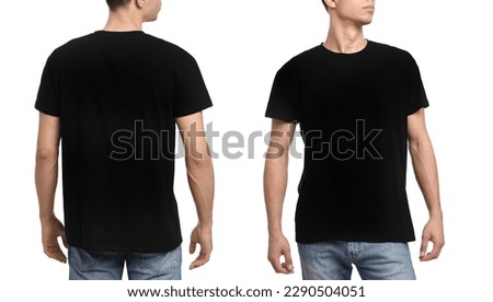 Collage with photos of man in black t-shirt on white background, closeup. Back and front views for mockup design