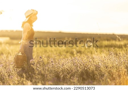 red haired woman in the meadow enjoying the sunset by a well with a wicker basket, walking on the grass