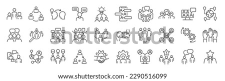 Set of 30 thin line icons related  team, teamwork, co-workers, cooperation. Linear busines simple symbol collection.  vector illustration. Editable stroke Royalty-Free Stock Photo #2290516099