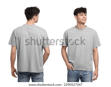 Collage with photos of man in grey t-shirt on white background, back and front views. Mockup for design Royalty-Free Stock Photo #2290527347
