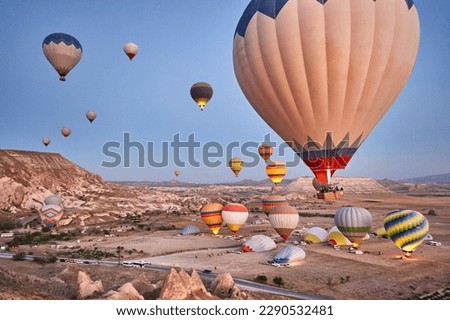 Balloons in rose valley, Cappadocia. Spectacular flight in Goreme. Turkey