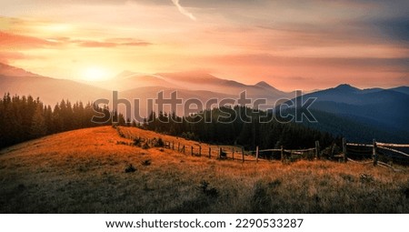 Amazing nature landscape. Vivid nature scenery, mountains hills during sunset. Picture of wild area. Awesome nature Background. Concept of ideal resting place of outdoor. Carpathian mountains. Ukraine