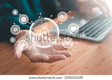 Digital information technology concept. Businessman touching artificial intelligence screen.