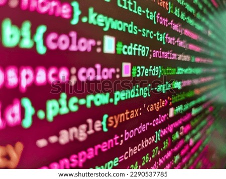 SEO optimiz. Simple website HTML code with colorful tags in browser view on dark background. Binary digits code editing. Screenshot with rando. Lines of code of a software with several colors