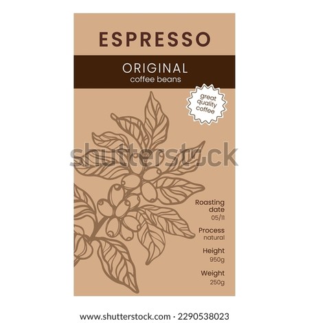 ESPRESSO PACK Original Design Of Label Of Coffee Beans Packaging Template With Hand Drawn Branch Coffee Tree On Light Brown Background Vector Illustration