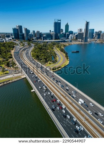 Vertical aerial shot of highway connecting to Perth CBD in Australia