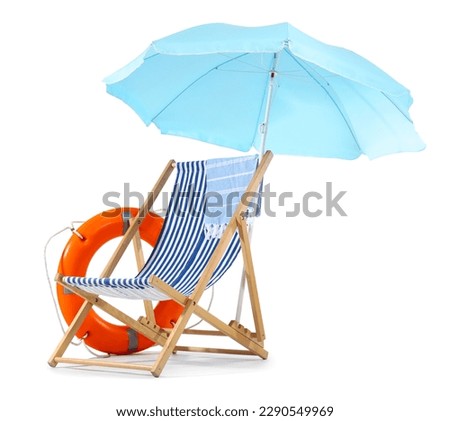 Deck chair, blue beach umbrella and ring buoy isolated on white background Royalty-Free Stock Photo #2290549969
