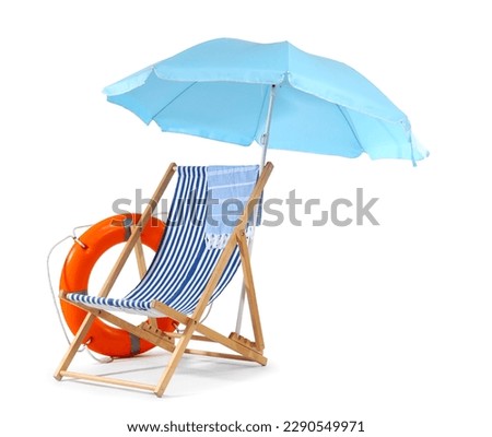 Deck chair, blue beach umbrella and ring buoy isolated on white background Royalty-Free Stock Photo #2290549971