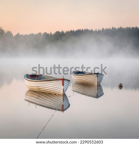 Two small wooden Fishing row boats on Loch Rusk Scotland during a calm Sunrise Royalty-Free Stock Photo #2290552603