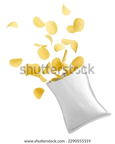 Pack of splashing potato chips isolated on white          Royalty-Free Stock Photo #2290555319