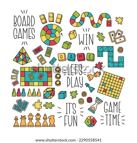 Board Games for Whole Family Collection. Colorful Vector Doodle Illustration of different Games. Home Entertainment Design Elements. Royalty-Free Stock Photo #2290558541