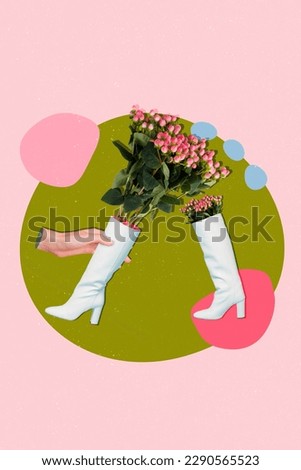 Artwork magazine collage picture of arm holding shoe shape flower vase isolated colorful background