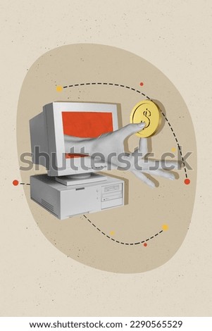 Photo cartoon comics sketch collage picture of arm giving coin inside obsolete device isolated creative background