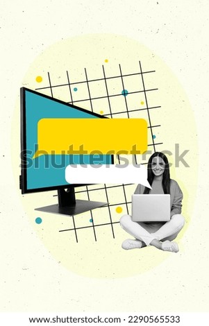 Vertical creative photo collage of nice positive girl sit with laptop chatting communicating online isolated pastel color background