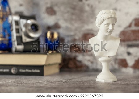 Small bust of classical Greek figure on gray background with half bare bricks on the wall and other blurred decorative objects Royalty-Free Stock Photo #2290567393
