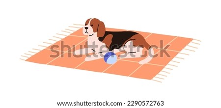 Dog lying on carpet. Cute doggy relaxing on mat alone. Puppy of Beagle breed, canine animal resting on rug at home. Cute lovely sweet pup. Flat vector illustration isolated on white background