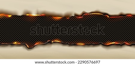 Burnt paper edges effect with fire and black ash. Borders with texture of burning scorched old paper pages with flame isolated on transparent background, vector realistic illustration Royalty-Free Stock Photo #2290576697