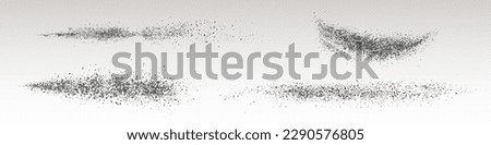 Realistic set of black powder splashes isolated on transparent background. Vector illustration of dust particles, ash, dirt scattered on surface top view. Abstract black paint stroke. Soil texture Royalty-Free Stock Photo #2290576805