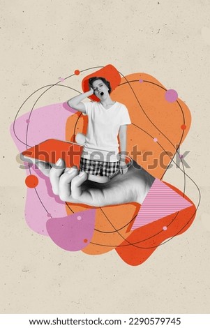 Vertical collage image of black white colors arm hold smart phone display mini girl pajama yawn isolated on creative background