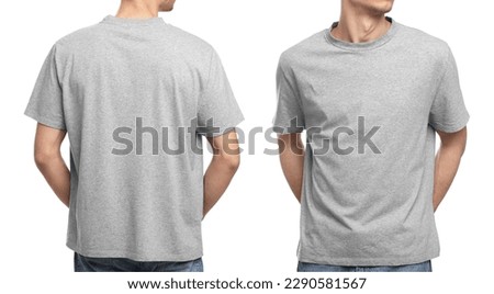 Collage with photos of man in grey t-shirt on white background, closeup. Back and front views for mockup design Royalty-Free Stock Photo #2290581567