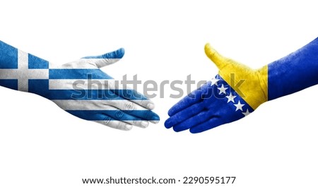 Handshake between Bosnia and Greece flags painted on hands, isolated transparent image.