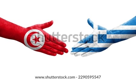 Handshake between Greece and Tunisia flags painted on hands, isolated transparent image.