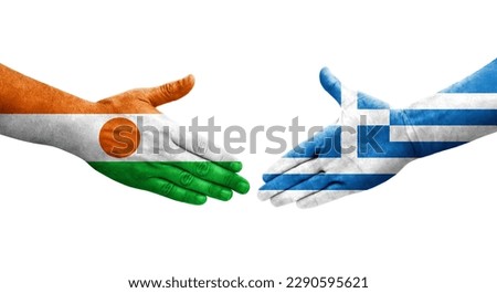 Handshake between Greece and Niger flags painted on hands, isolated transparent image.