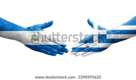 Handshake between Greece and Nicaragua flags painted on hands, isolated transparent image.
