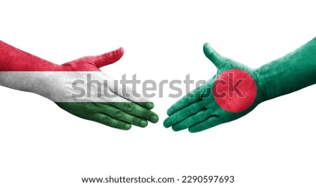 Handshake between Bangladesh and Hungary flags painted on hands, isolated transparent image.