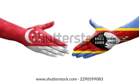 Handshake between Eswatini and Singapore flags painted on hands, isolated transparent image.