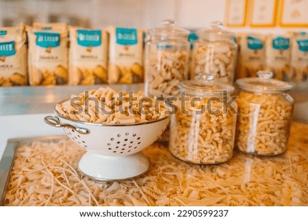  Italian tagliatelle pasta for sale in the supermarket. High quality photo