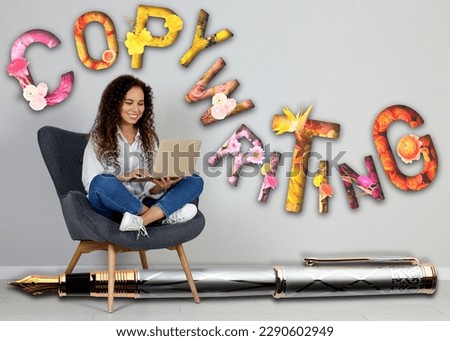 African American woman working on laptop, word Copywriting and big pen on grey background