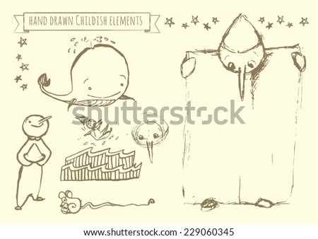 Hand drawn vector elements set for kids: Pinocchio fairytale doodles. There is stars, wooden puppet, sea scenery, a smiling whale, a mouse with cheese and Pinocchio holding a poster in his hands.