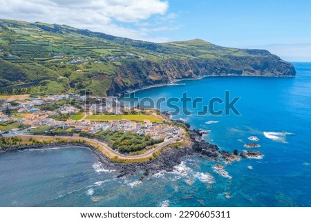 Aerial view of Mosteiros town at Sao Miguel island in Portugal. Royalty-Free Stock Photo #2290605311