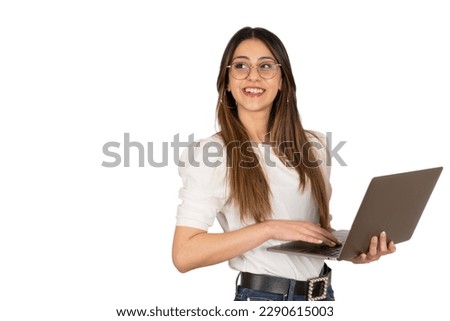 Businesswoman holding laptop,  caucasian beautiful businesswoman holding laptop. Standing over isolated white background, girl looking copy space. Chilling with modern notebook computer.
