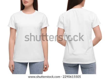 Woman wearing casual t-shirt on white background, closeup. Collage with back and front view photos. Mockup for design