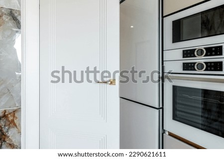 Modern white door with gold handle open, fridge and oven.