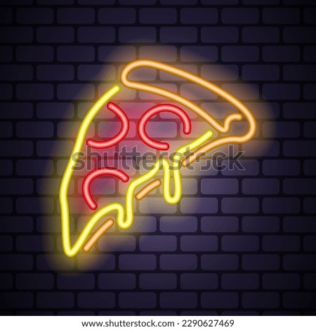 Pizza neon icon on dark brick background. Editable stroke and blend. Vector illustration.