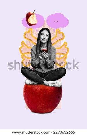 Photo collage artwork minimal picture of dreamy lady sitting apple thinking getting likes isolated drawing background