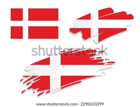 Set of danish flags, in different styles - correct, brush, marker and swoosh design. Represents the state of Denmark, a part of scandinavia. Royalty-Free Stock Photo #2290633299