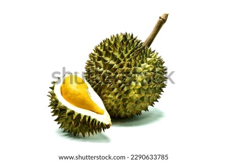 Durian fruit.Dissected to reveal yellow flesh inside.Isolated.On white background.Isolated Royalty-Free Stock Photo #2290633785