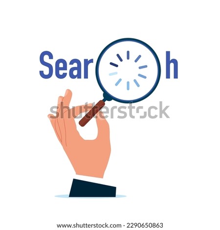 The search engine. Hand holds a magnifying glass for searching. Business deal.  Flat vector illustration.