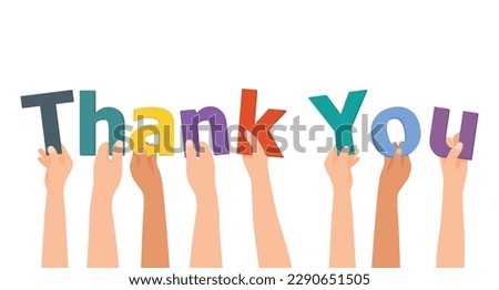 Group of hands holding thank you colorful letter words 